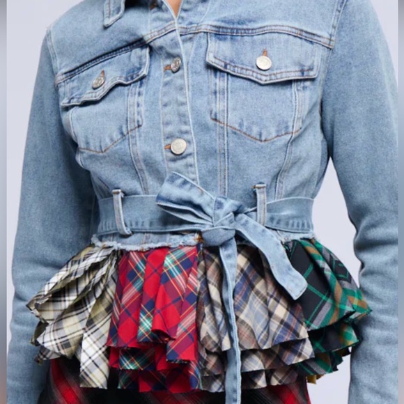Akira NWT Size S Preppy Baby Girl Plaid Peplum Ruffled Denim Jacket (0486) - Picture 3 of 13